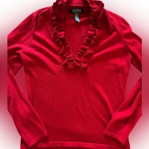 Lauren Ralph Lauren Red Ruffle V neck Sweater